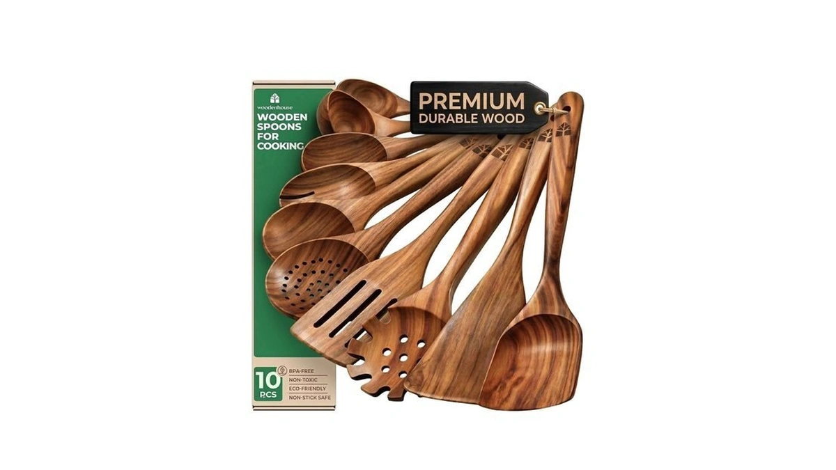 Wooden Spoons For Cooking, 10 Pcs Teak Wood Utensil Set