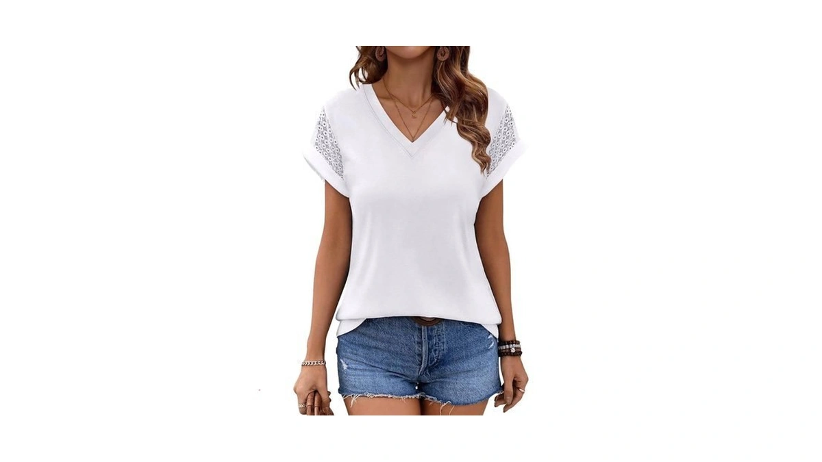 Bliwov Womens Summer Tops V Neck Lace Short Sleeve T