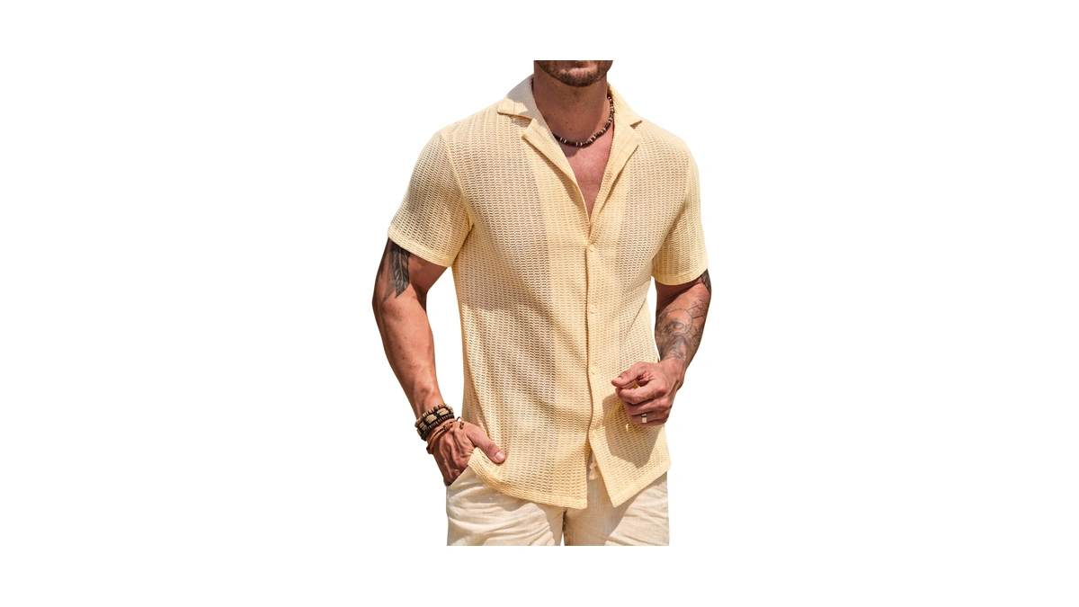 Herberton Mens Crochet Knit Shirts Summer Cuban Button Tops Beige