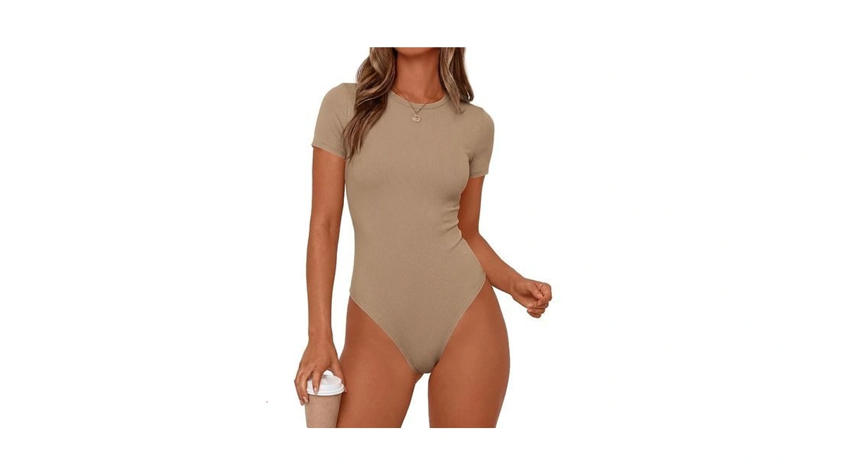 Prettygarden Body Suits For Womens Short Sleeve Summer Tops, Khaki,xs