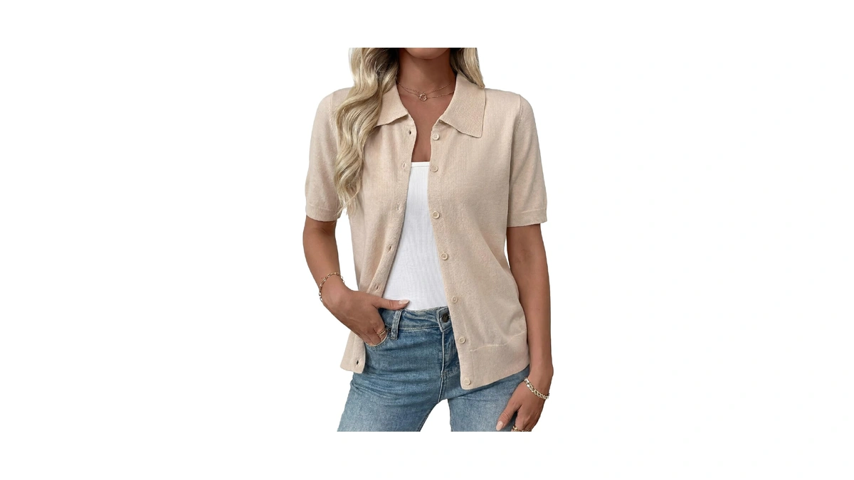 Evaless Womens Wool Blend Short Sleeve Cardigan Sweaters Tops Beige