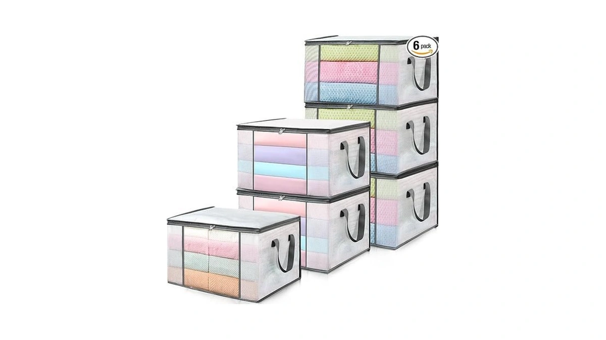 Landneoo 6-pack Clothes Storage Bags, Plastic Foldable Blanket Storage Bins,