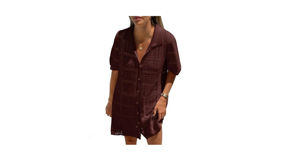 Saodimallsu Womens Crochet Swimsuit Cover Up Dress Short Sleeve Button