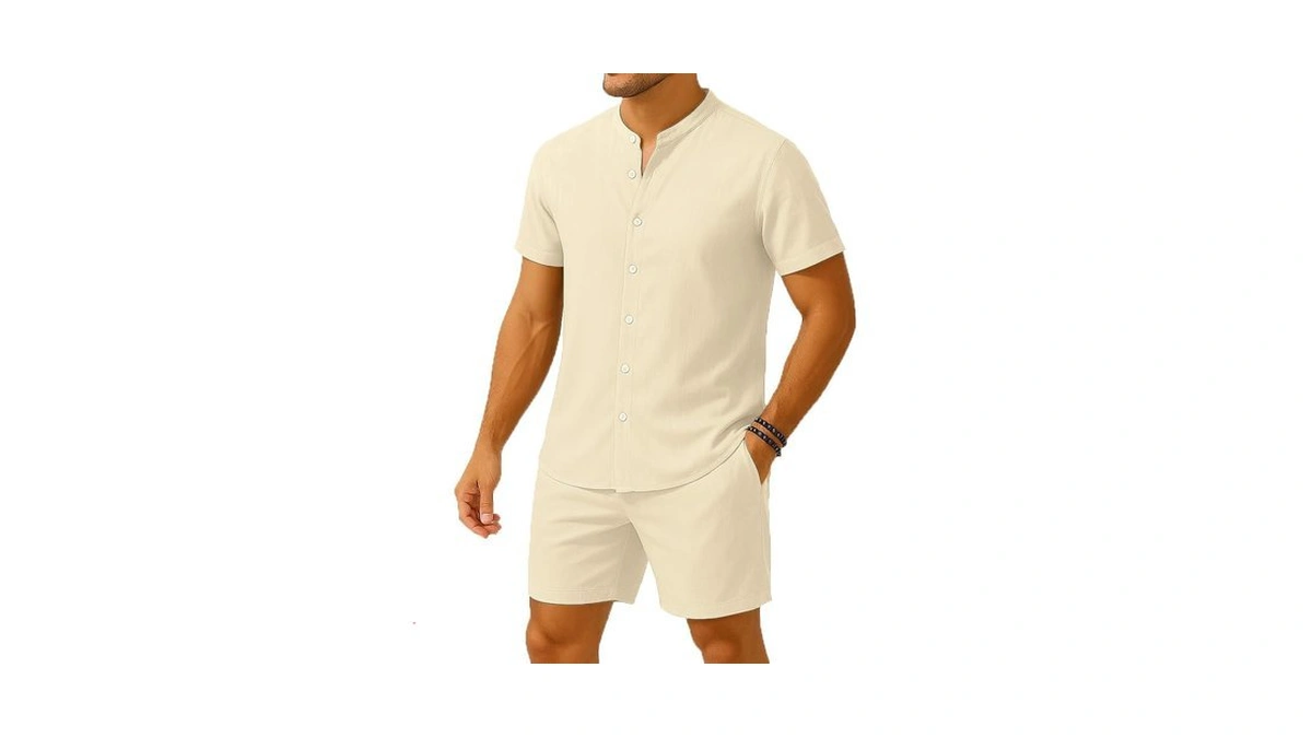 Coofenrisy Men's Casual Stand Collar Button Shirt And Shorts Set