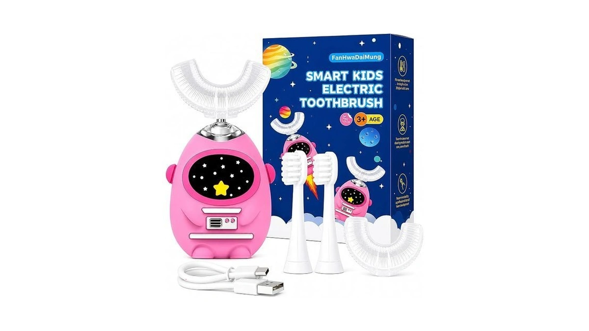 Fanhwadaimung Kids Electric U Shaped Toothbrush, Astronaut, Ages 3-7, Pink