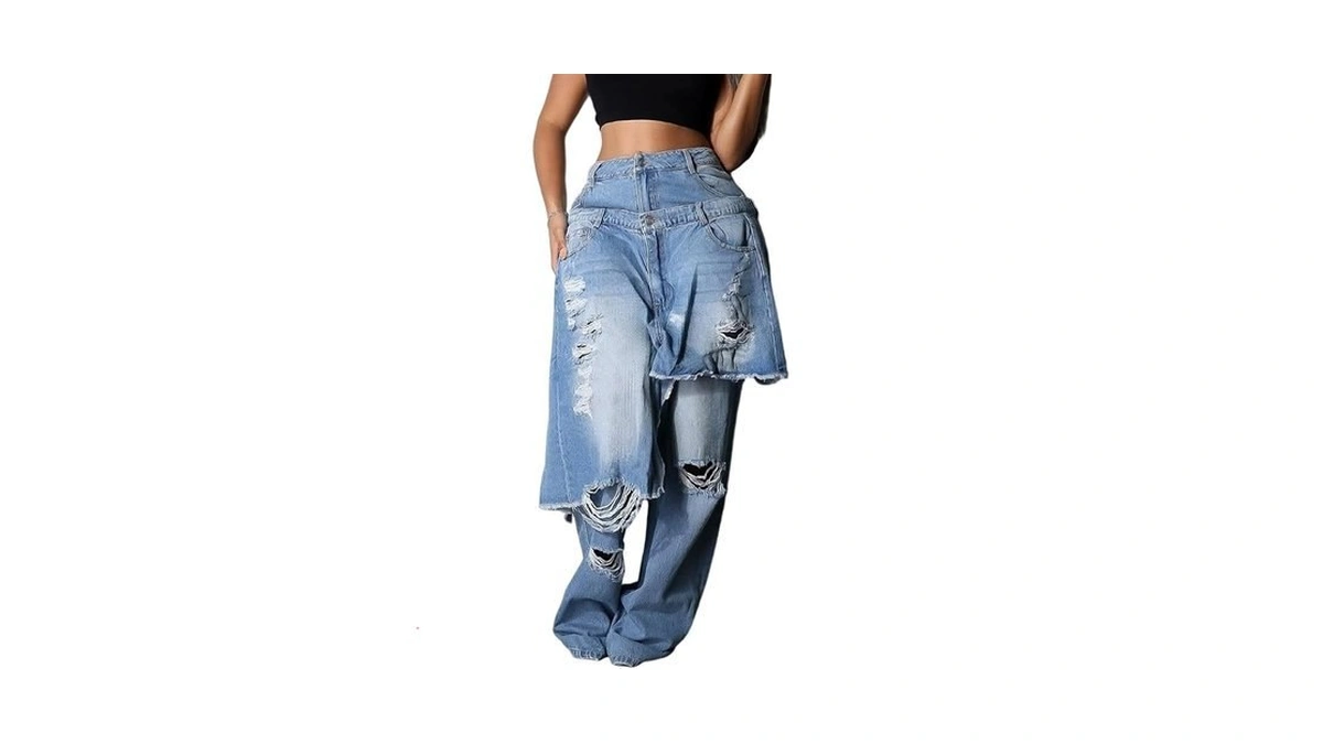 Vakkest Women's High Waisted Baggy Ripped Jeans Irregular Patchwork Straight