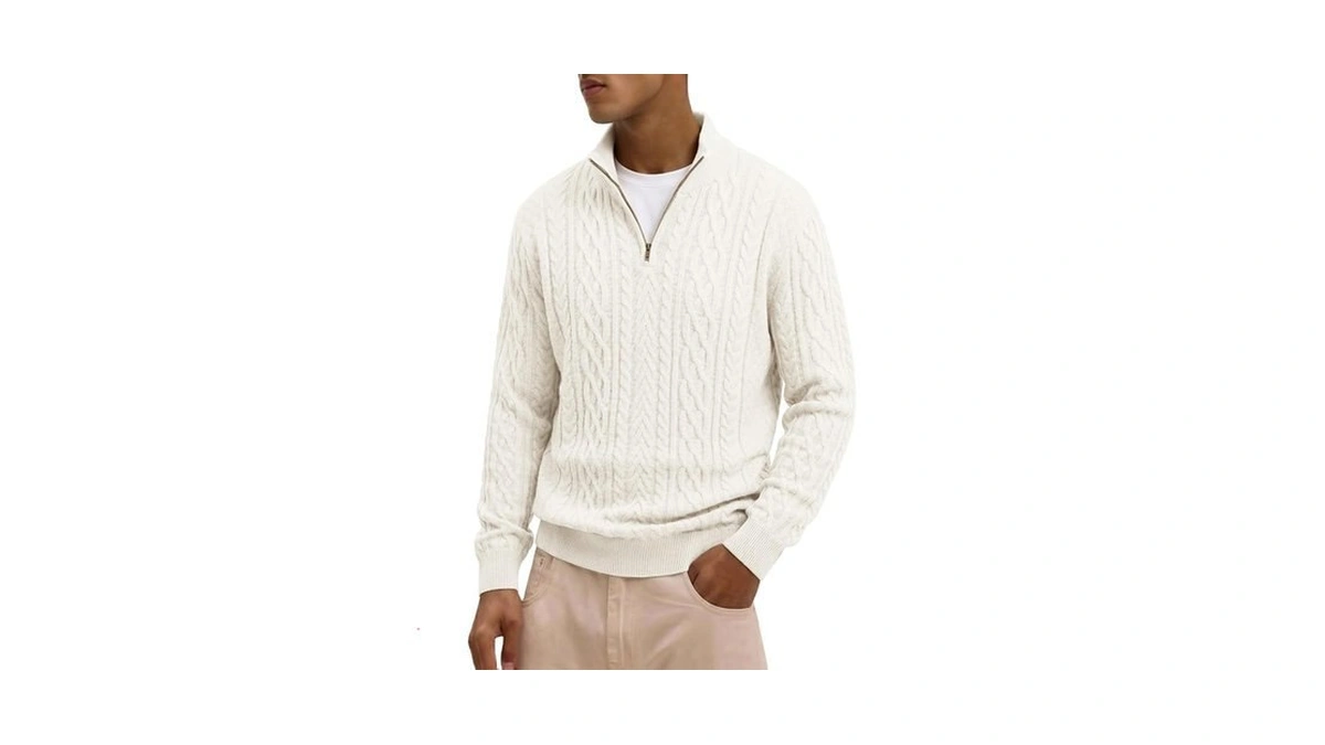 Jmierr Mens Cable Knit Zip Sweater Fall Winter Pullover White