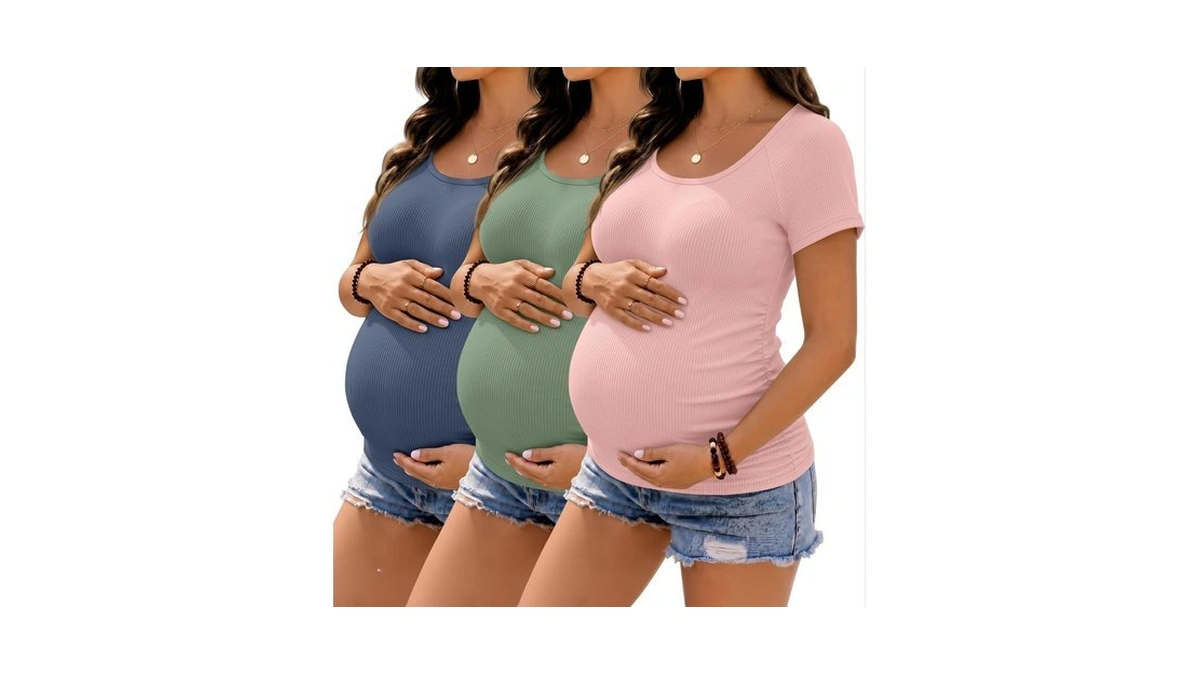 Sweetyweee 3 Pack Women's Maternity Tops Ribbed Cotton Pregnancy Shirts