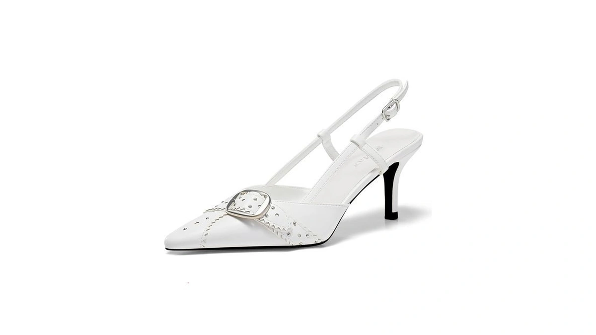 Mavmax White Buckle Slingback Heels For Women Studded Pointed Toe