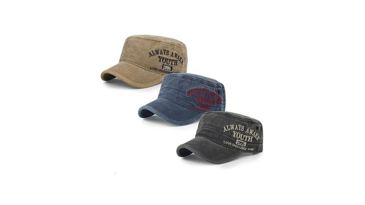 Qlauca 3pcs Cadet Military Hat Washed Cotton Adjustable Flat Cap