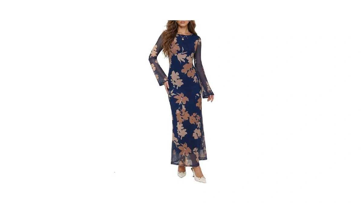 Wenrine Womens Long Sleeve Maxi Dress Floral Mesh Wedding Guest