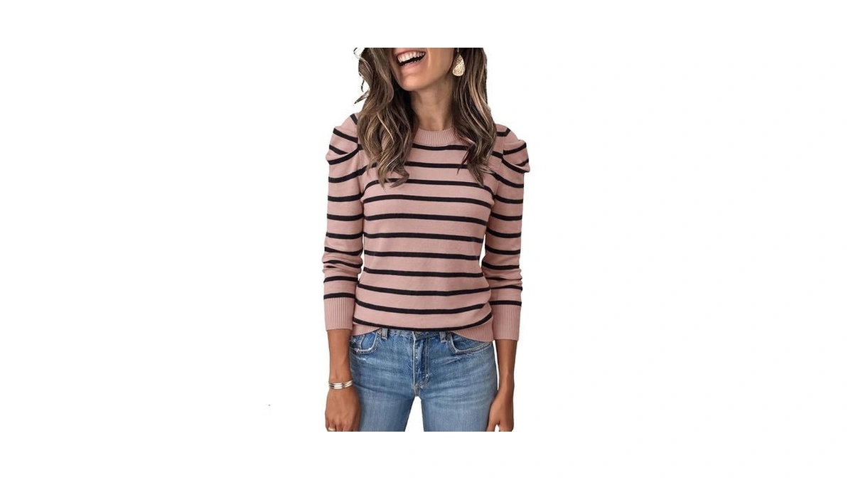 Womens Striped Trendy Sweaters Puff Long Sleeve Knit Lightweight Pullover
