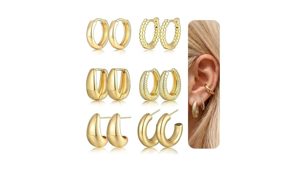 6 Pairs Gold Hoop Earrings Set For Women, 14k Gold