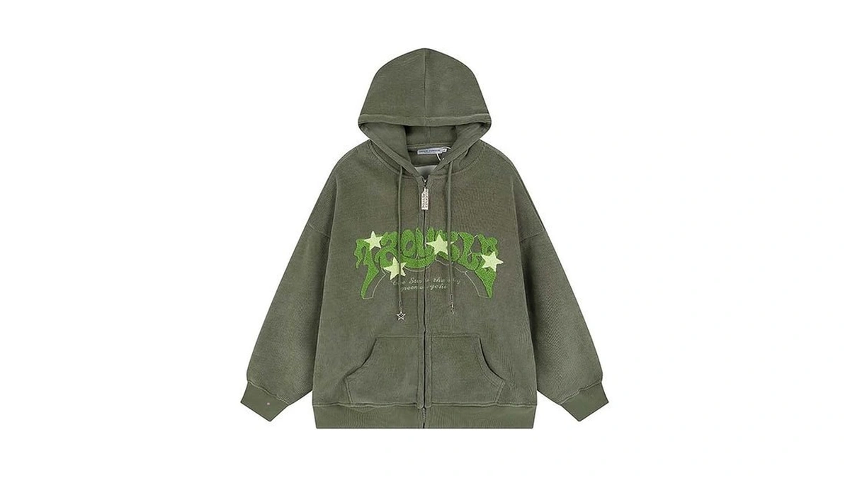 Sumleno Y2k Zip Up Hoodie Letter Print Star Graphic Grunge