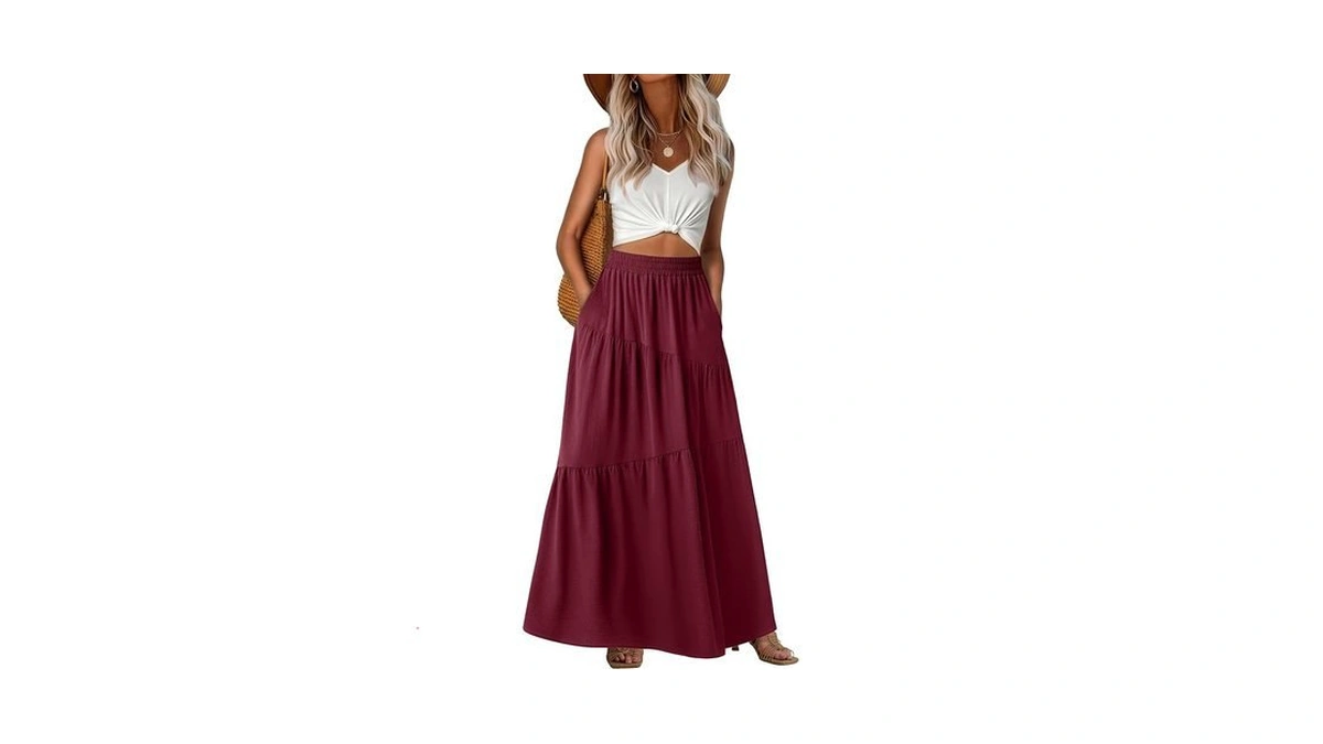 Grecerelle Maxi Skirts For Women High Waist Tiered With Pockets,