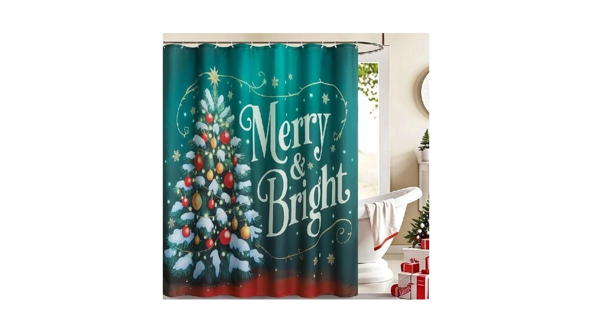 Jovuais Dark Green Merry & Bright Christmas Shower Curtain Set