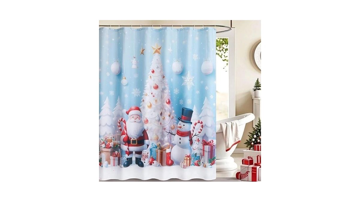 Jovuais Light Blue Christmas Snow Shower Curtain Set For Bathroom