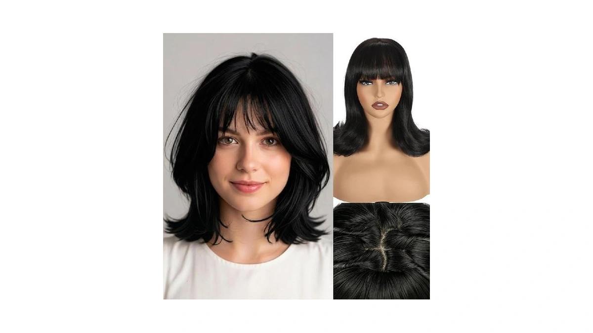 Leosa Short Bob Wigs With Bangs Straight Natural Black Shoulder