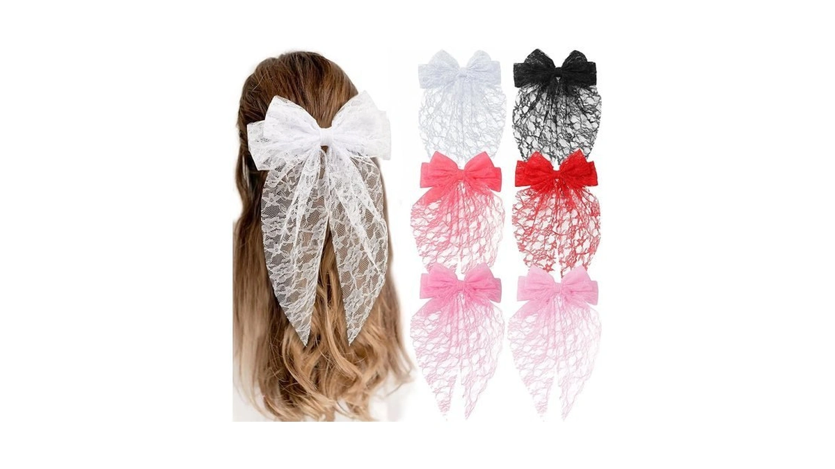 6 Pcs Pink Lace Hair Bows, Oversized 7.9 Inch Big