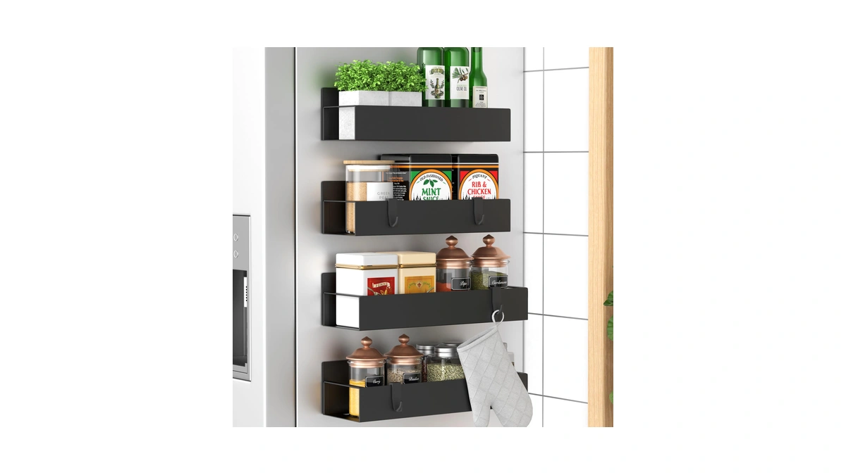 Huggiegems Metal Magnetic Spice Rack For Refrigerator Black, 4 Pack