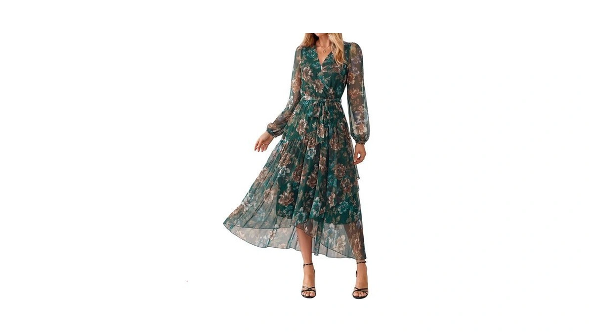 Simplee Women's Floral Long Sleeve Mesh Maxi Dress Fall V