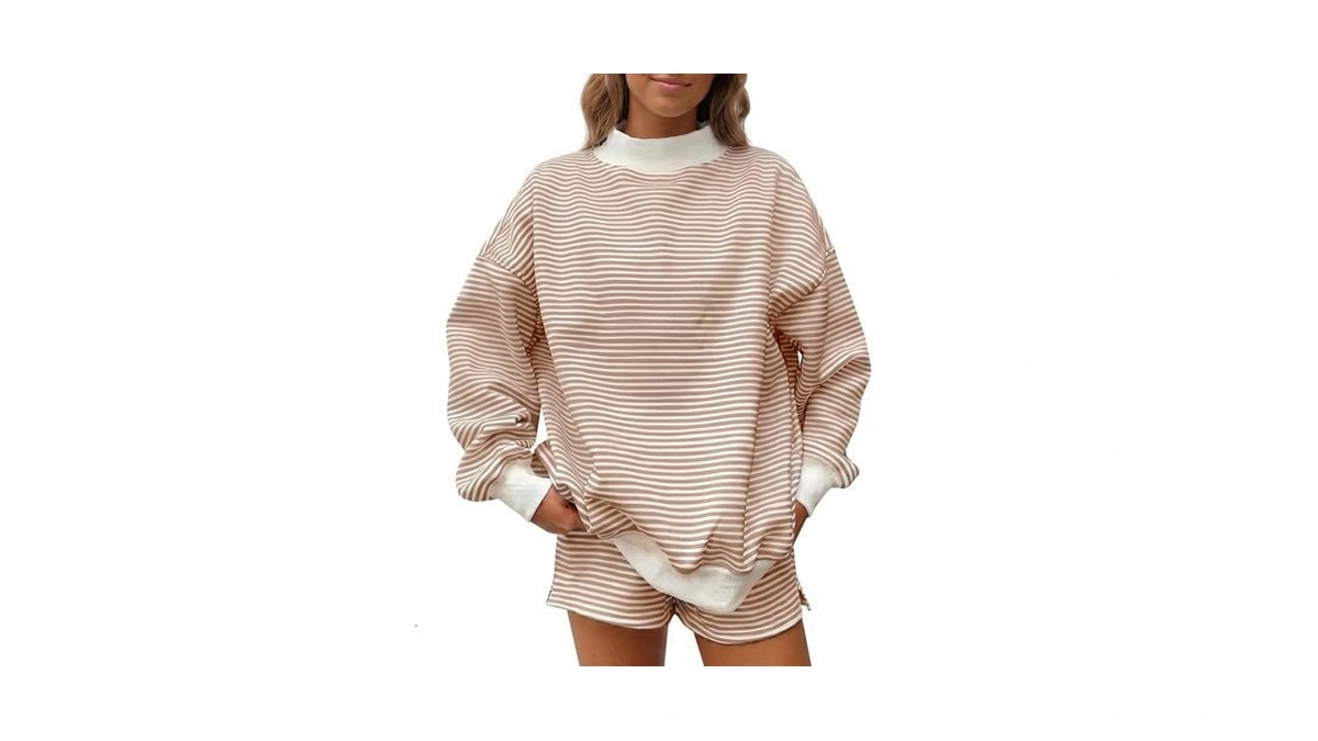 Fisoew Womens Striped 2 Piece Outfits Lounge Sets Mock Neck