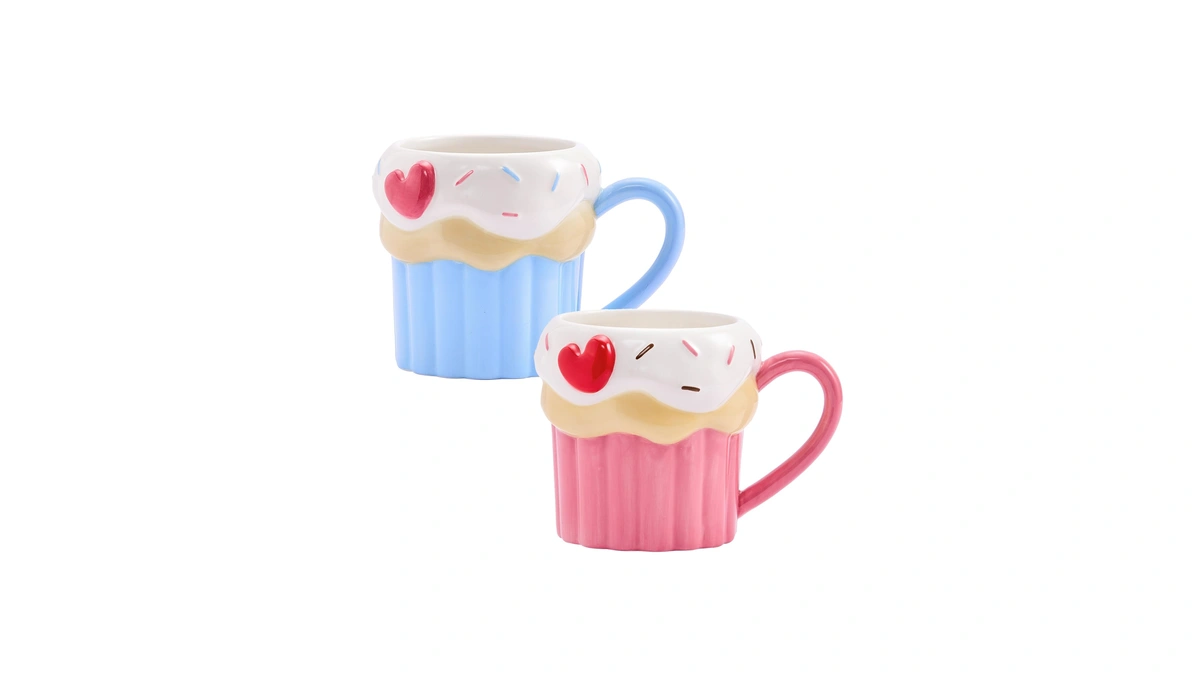 Bico Cupcake With Heart Mugs Set, Blue And Pink Valentine's,