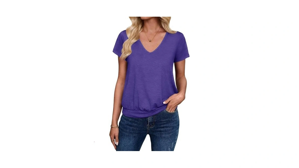 Sialois Womens Clothes V Neck Banded Bottom Shirt Short Sleeve