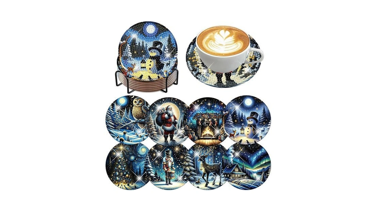 8 Pcs Christmas Diamond Art Coasters Kits With Holder Cork