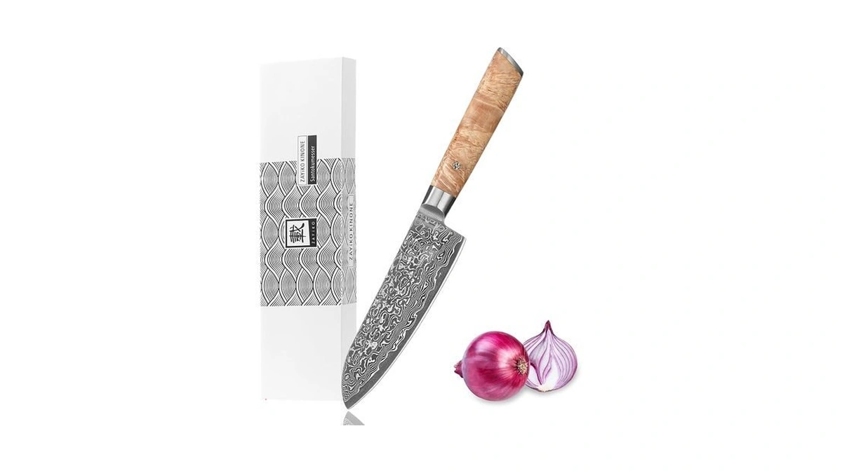Zayiko Kinone Santoku Knife, 6.7-inch Vg10 Core Damascus, Birch Root
