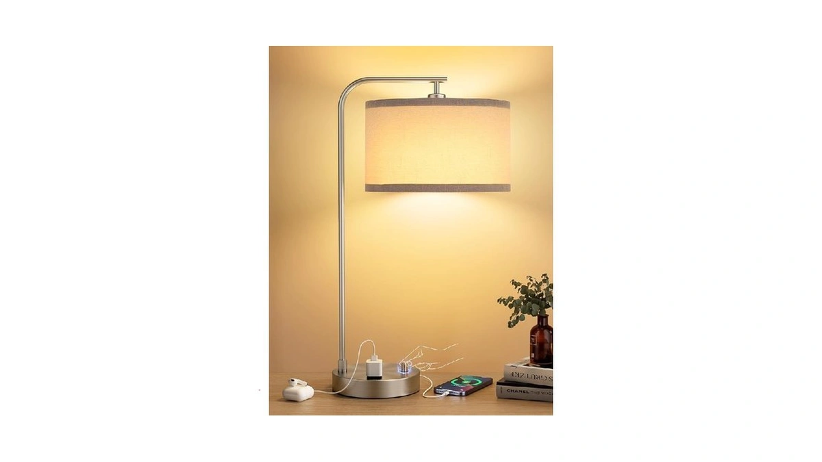 Innqoo Gray Side Table Lamp With Usb Port And Outlet,