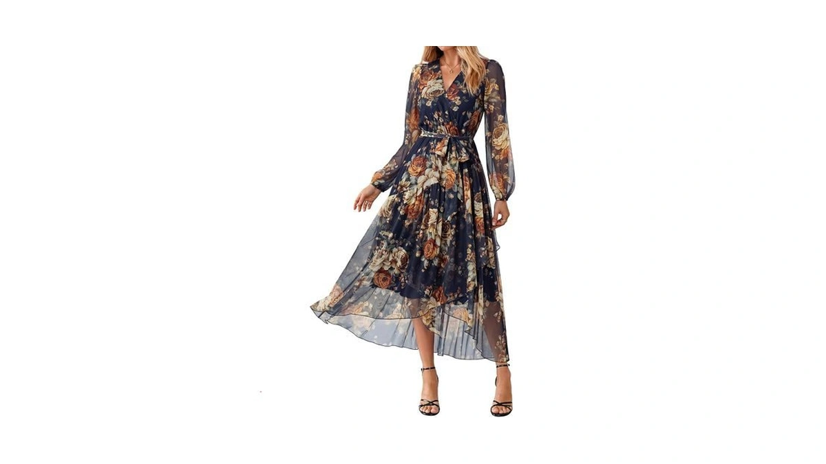 Simplee Women's Floral Long Sleeve Mesh Maxi Dress Fall V