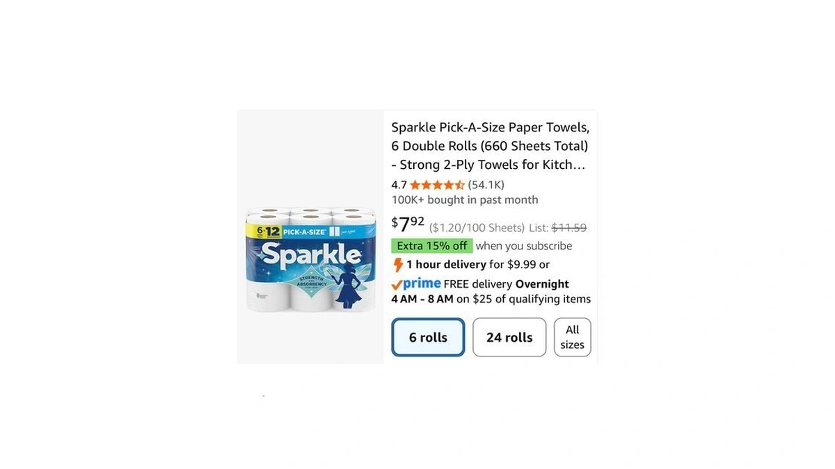 Sparkle Pick-a-size Paper Towels, 6 Double Rolls (660 Sheets Total)