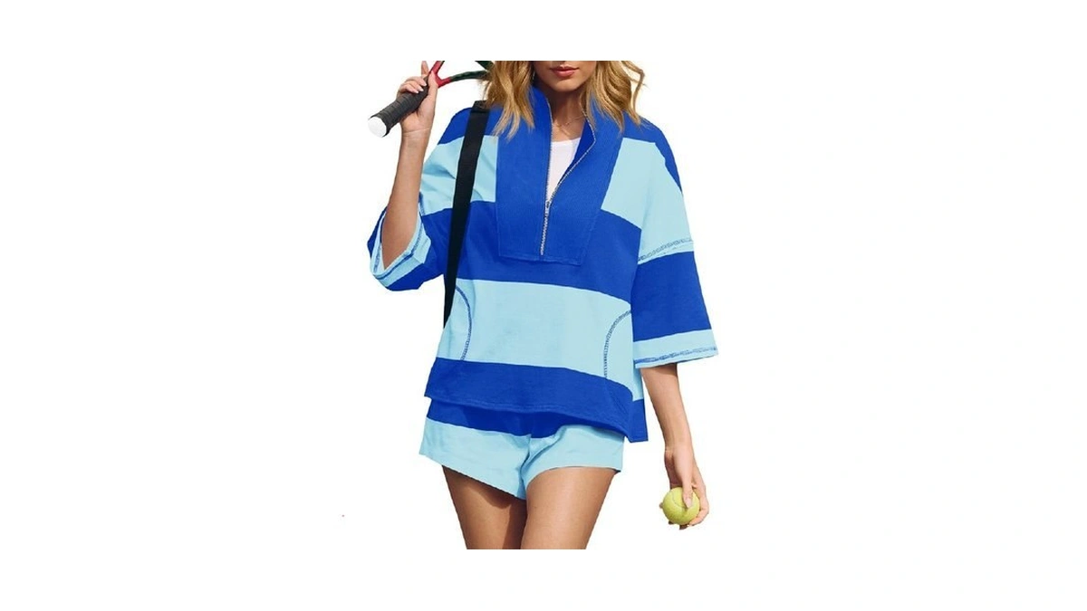 Fisoew Womens 2 Piece Outfits Summer Striped Sweatshirt Workout Shorts