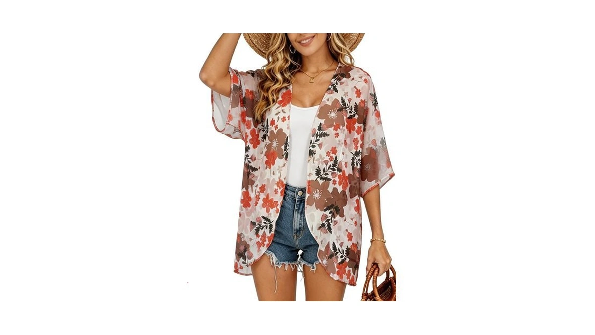 Finoceans Women's Kimono Beach Cover Up Summer Cardigans Short Sleeve