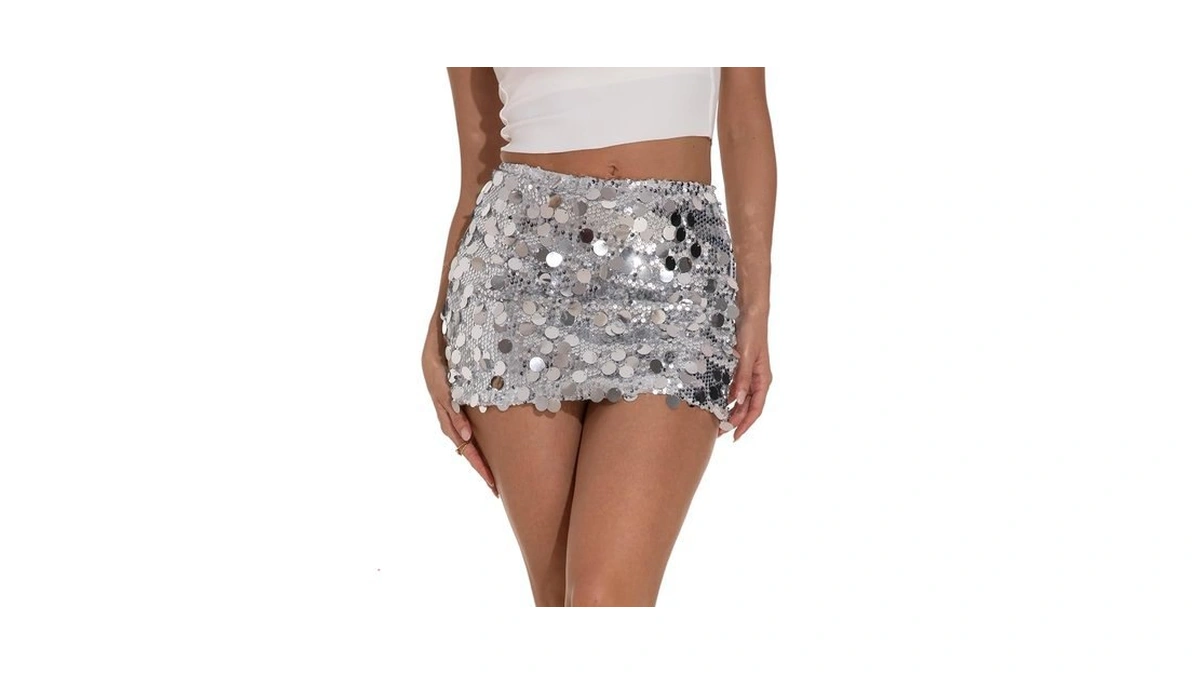 Guanyy Women's Silver Sequin Skirt Pencil Mini Sparkly Skirt Silver