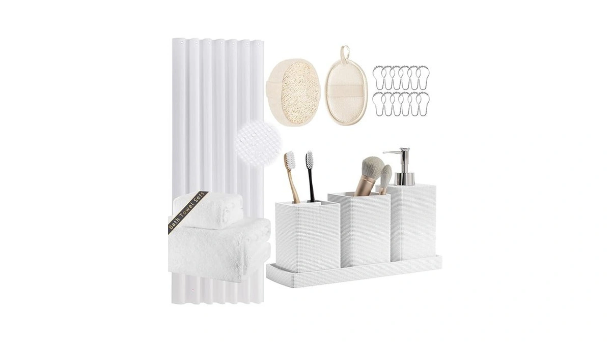 Resin White Bathroom Set, White Bathroom Accessories Set With Shower