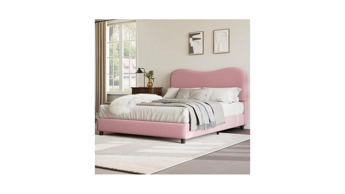 Garveehome Queen Bed Frame With Boucle Fabric, Pink
