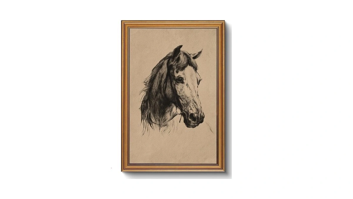 Gold Framed Wall Art Vintage Horse Head Sketch Canvas Prints