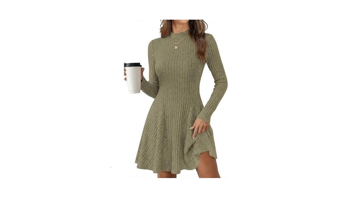 Kirundo Womens Mock Neck Ribbed Knit Fall Sweater Dress(army Green,