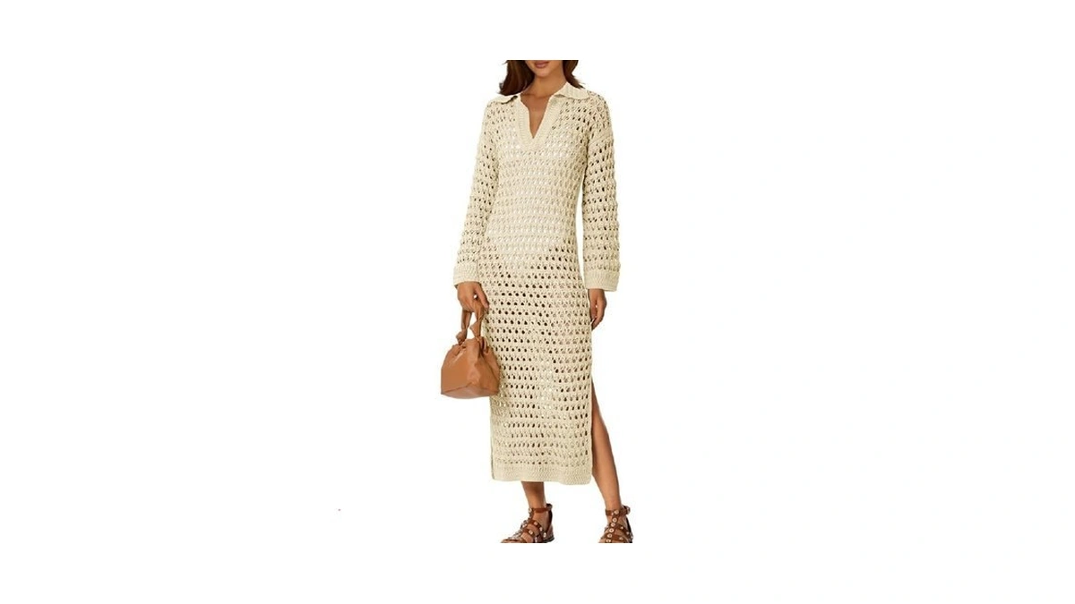 Saodimallsu Womens Crochet Swimsuit Cover Up V Neck Collared Long
