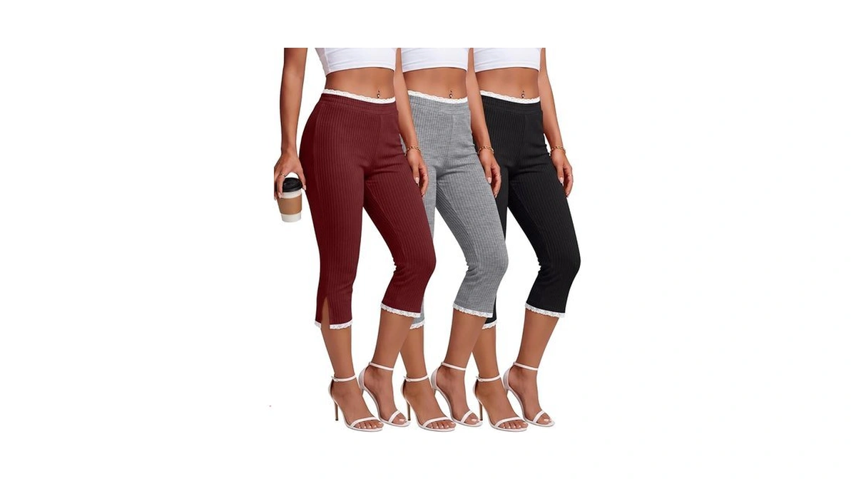 Sweetyweee 3 Pack Womens Capri Leggings, 3-color Set, Large