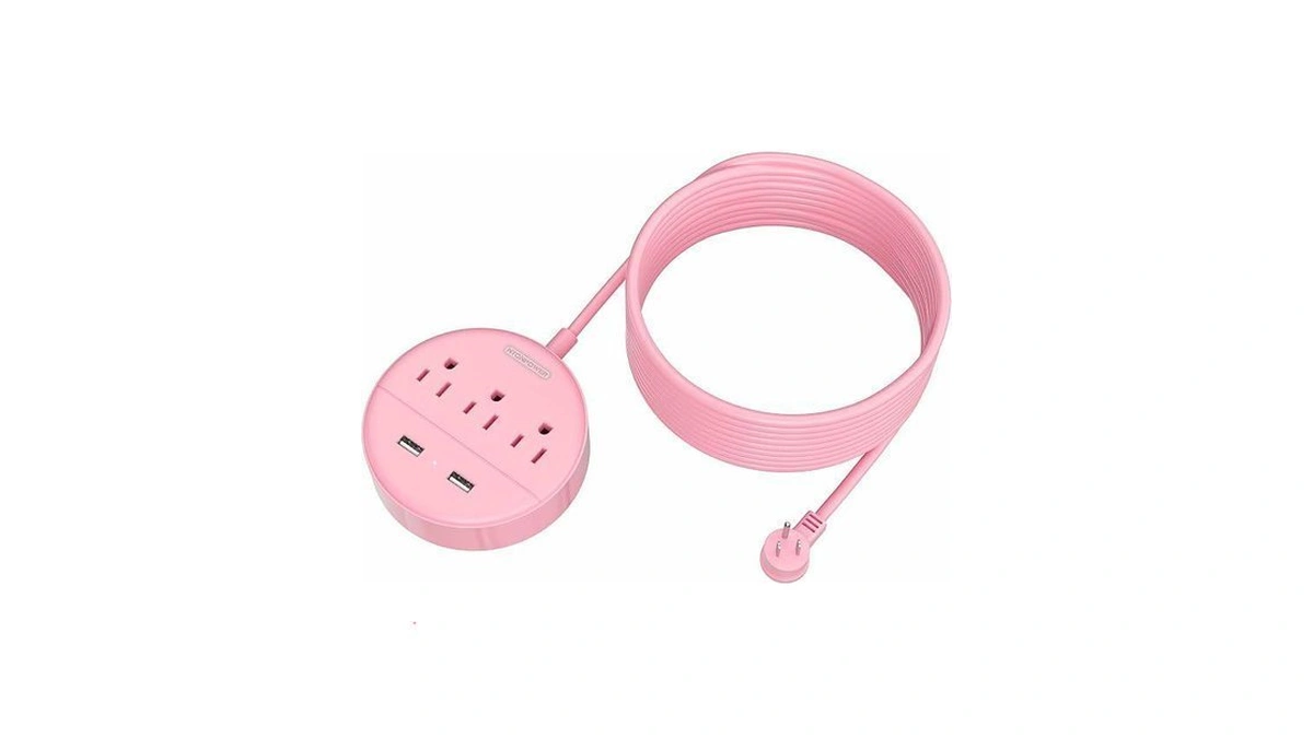 Pink Extension Cord 15ft, Ntonpower Flat Plug Power Strip With