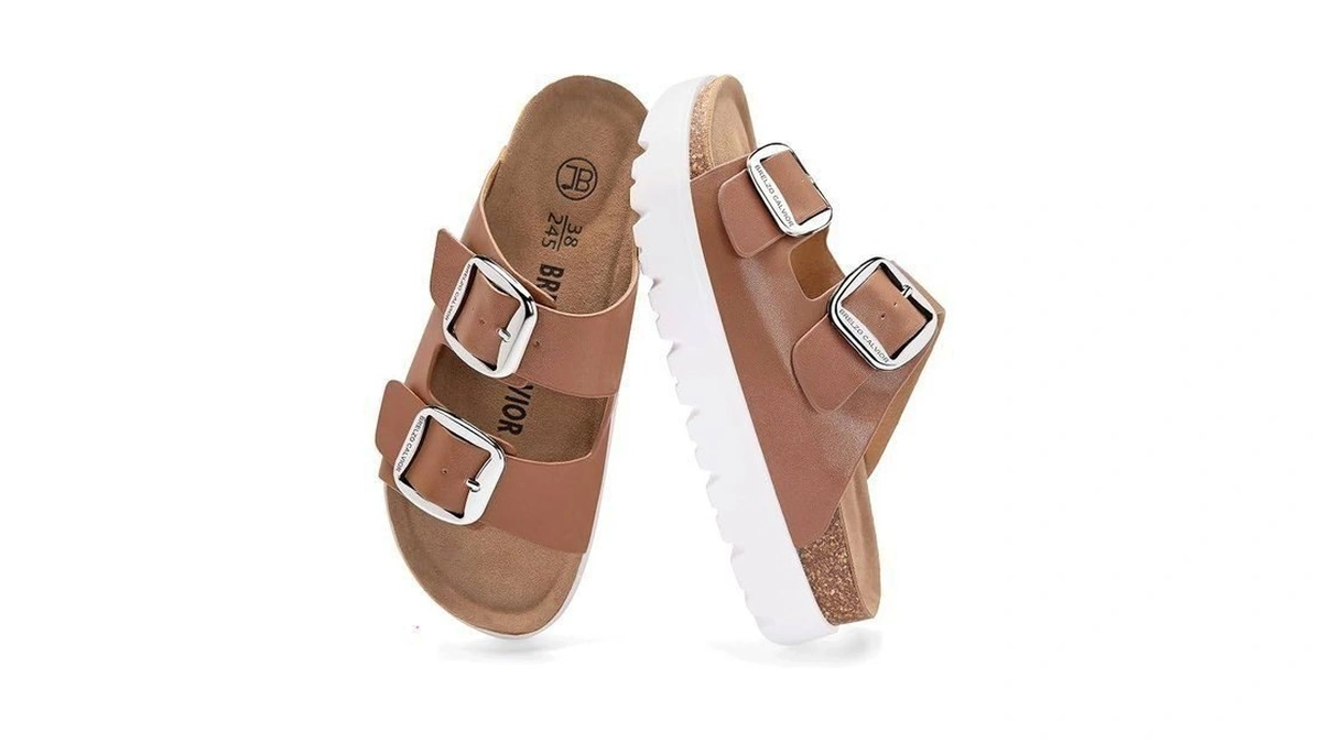 Women's Platform Leather Sandals Summer Slides With Adjustable Buckle