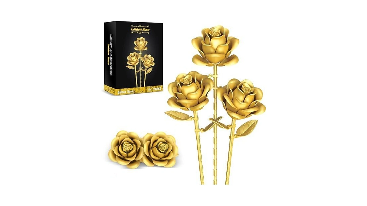 Qifun Gold Roses Flower Building Set - 3 Roses Bouquet
