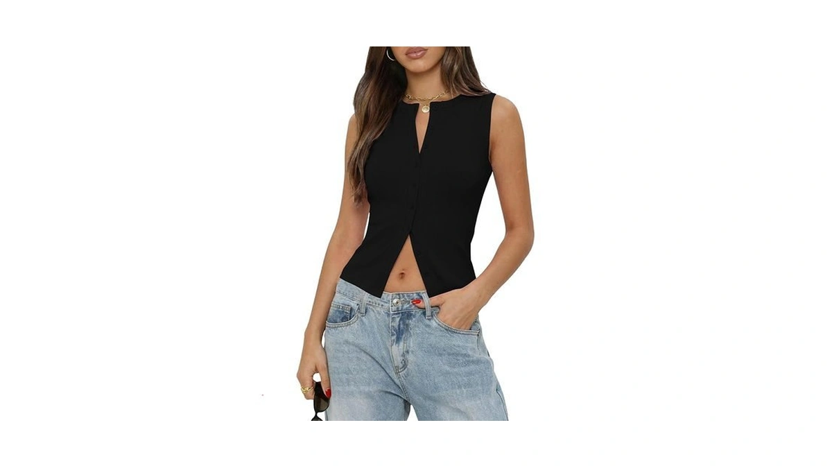 Gleeneat Women Black Button Down Up Sleeveless Tank Top Crop