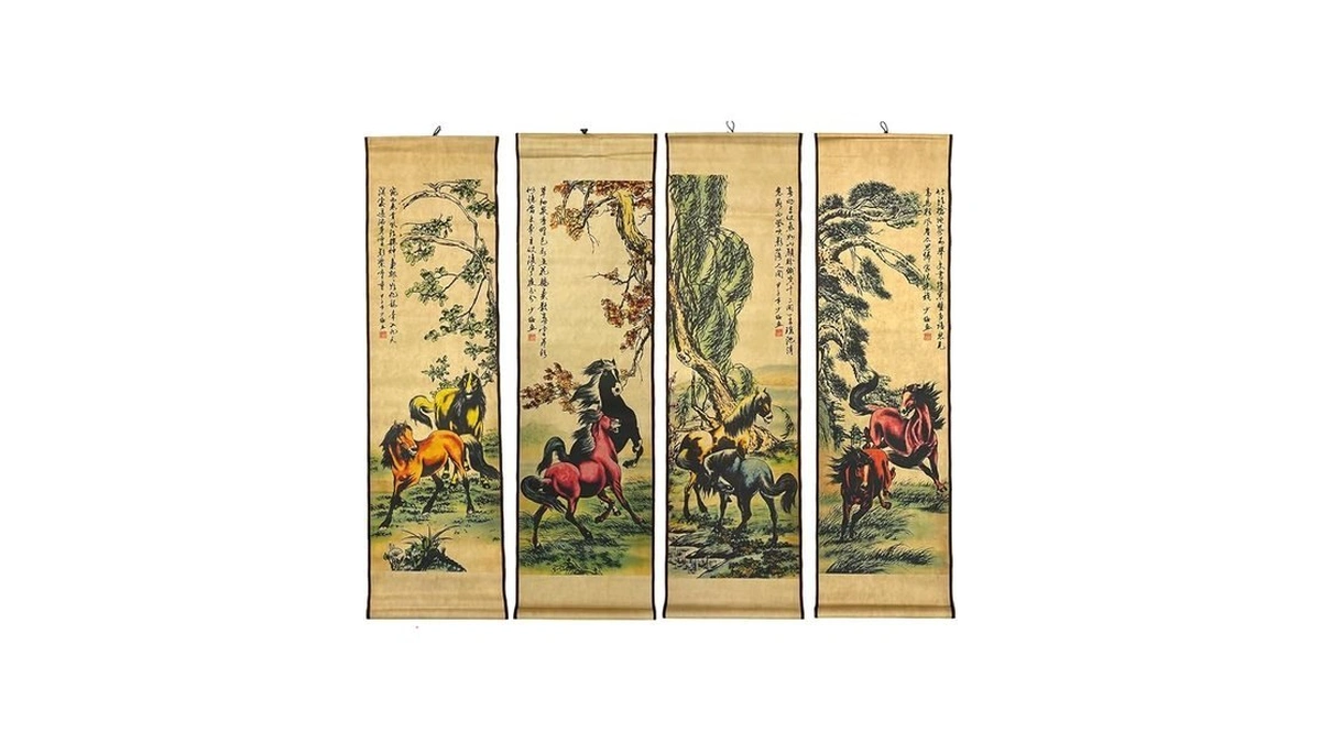 4 Panels Watercolor Horse Scroll Painting For Living Room Farmhouse