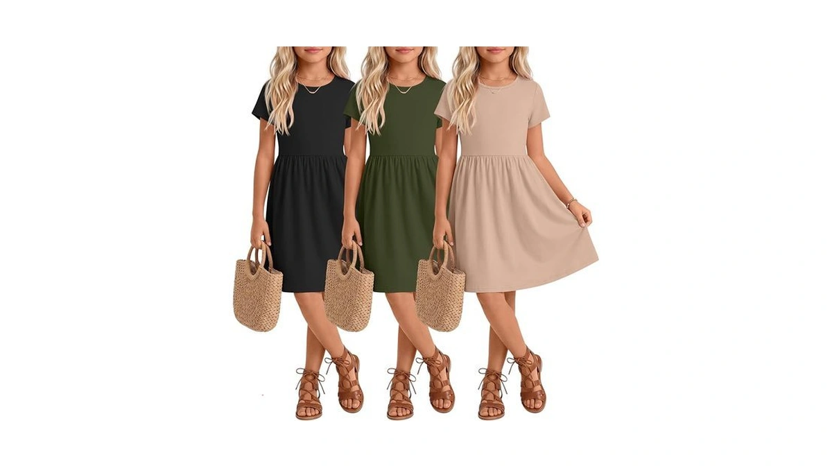 Yooaurvox 3 Pack Girls Short Sleeve Dresses 5-14y, 3-color Set,