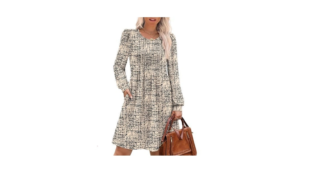 Ofeefan Long Sleeve Dress For Women Pleated Crew Neck Casual