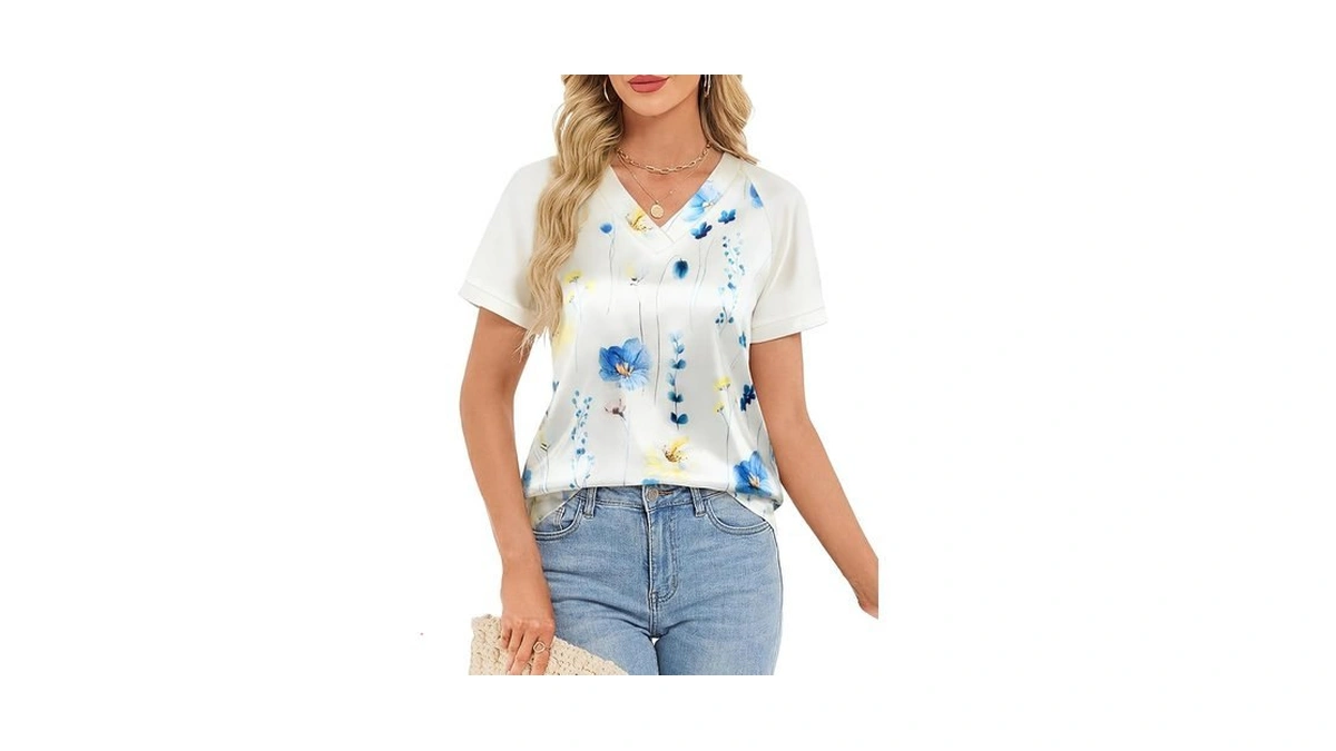 Funlingo Spring Tops For Women Trendy Silk Short Sleeve Shirts